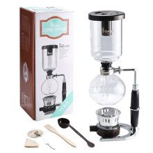 5-Cup Siphon Coffee Maker with clear glass and alcohol burner, featuring a stylish retro design. Includes a wood stirrer, plastic spoon, cotton wick, and cloth filters for a complete brewing experience.