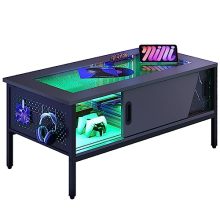 42-inch LED coffee table with black marble design and glass top, featuring sliding doors and customizable 20-color LED lights, perfect for modern living rooms.