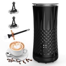 A sleek, black Ausyle 4-in-1 Electric Milk Frother with an ergonomic non-slip handle, shown on a kitchen countertop