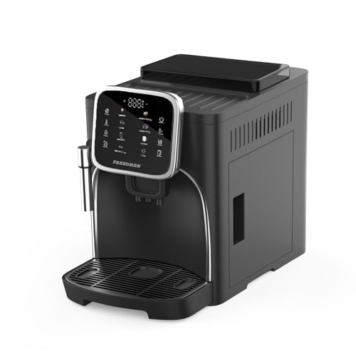 PAKROMAN Fully Automatic Coffee Machine with 19 Bar Italian Pump and Conical Burr Grinder, showing the intuitive touch display and sleek black design