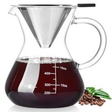 Unbreakable 5-Cup Pour Over Coffee Maker with heat-resistant borosilicate glass and double stainless steel filters.