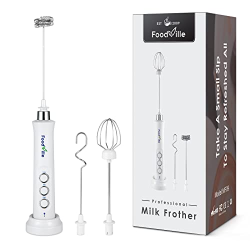 FoodVille MF09 Rechargeable Milk Frother with Charging Stand and Three Stainless Steel Whisks