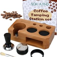 51-54 mm Espresso Tamping Station Set with wooden base, tamper, distributor, dosing funnel, and cleaning brush, designed for coffee enthusiasts and home baristas.