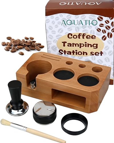 51-54 mm Espresso Tamping Station Set with wooden base, tamper, distributor, dosing funnel, and cleaning brush, designed for coffee enthusiasts and home baristas.