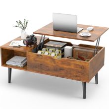 Small Brown Lift-Top Coffee Table with Hidden Storage and Side Shelves, Ideal for Living Room and Office