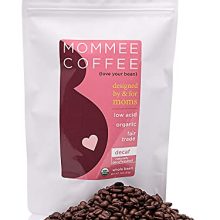 11 oz pouch of Mommee Coffee Organic Decaf Whole Bean Coffee with smooth caramel flavor, 100% Arabica, low acid, medium roast