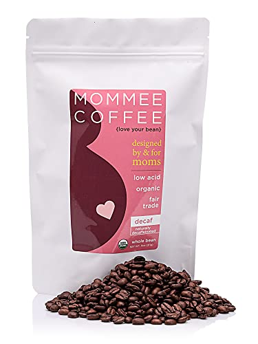 11 oz pouch of Mommee Coffee Organic Decaf Whole Bean Coffee with smooth caramel flavor, 100% Arabica, low acid, medium roast