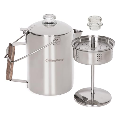 KingCamp 9-cup stainless steel percolator coffee pot with wood handle, insulated glass knob, and pointed spout. Includes medical-grade filters and hanging hook, perfect for outdoor camping and adventure.