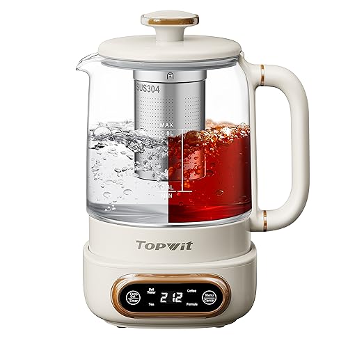 Topwit Electric Glass Kettle with 11 Temperature Controls, Removable Infuser, and 8-Hour Keep Warm Function – Compact 0.8L Design in Beige