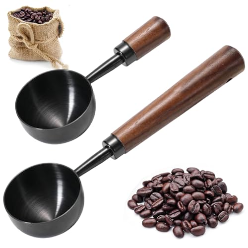 2-Piece Vintage Coffee Scoop Set featuring stainless steel scoops with long wooden handles. Ideal for measuring coffee grounds