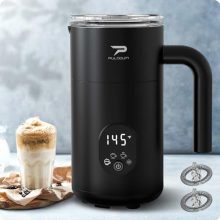 Puldoum Electric Milk Frother with 350ml capacity, featuring a 4-in-1 function for hot and cold frothing, a built-in temperature control system, and a sleek design with a removable non-stick base, perfect for lattes, cappuccinos, and hot chocolate