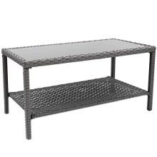 Gray outdoor coffee table with a glass top and handwoven all-weather wicker, ideal for patios, gardens, and small spaces. Features a sturdy EPP powder-coated steel frame and easy maintenance