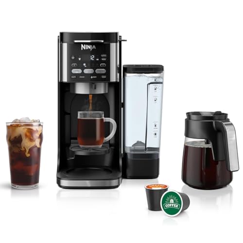 Ninja CFP101 DualBrew Coffee Maker – Black, versatile coffee maker compatible with grounds and pods, features a 60-ounce removable reservoir, adjustable warming plate, and a foldable single-serve platform for hot and iced coffee.