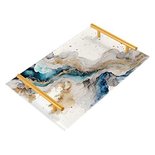 Elegant blue gold marble print vanity tray made from durable acrylic with strong aluminum alloy handles. Features an anti-slip bottom for stability, measuring 7.87×11.81 inches. Ideal for serving drinks, snacks, or as a decorative piece for any room.