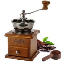 Manual Coffee Bean Grinder in vintage wooden style with ceramic grinding core and stainless steel bean bin, featuring a classic 'Coffee' design