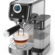 20 Bar Espresso & Cappuccino Machine with Automatic Milk Frother in sleek black stainless steel design, perfect for making café-quality coffee at home."