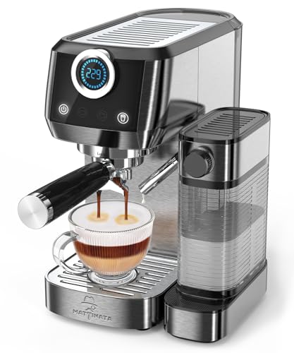 20 Bar Espresso & Cappuccino Machine with Automatic Milk Frother in sleek black stainless steel design, perfect for making café-quality coffee at home."