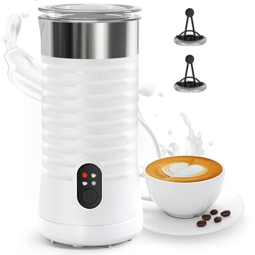 4-in-1 Electric Milk Frother in white with a sleek design, capable of making hot dense and airy foam, cold froth, and heated milk. Features include one-button control