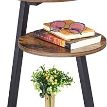 Round end table with 3-tier shelves, featuring a rustic brown wood top and black metal frame, ideal for living room or bedroom.