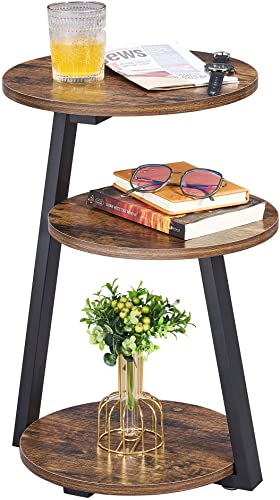 Round end table with 3-tier shelves, featuring a rustic brown wood top and black metal frame, ideal for living room or bedroom.