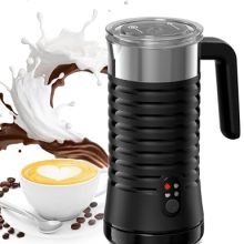 A sleek black Paris Rhône 4-in-1 Milk Frother with a color-blocking design, featuring an ergonomic handle and a non-stick interior