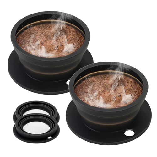 DOFQQG 2-Pack Collapsible Pour Over Coffee Dripper in black, featuring a space-saving foldable design and food-grade silicone construction, ideal for travel, camping, and daily use