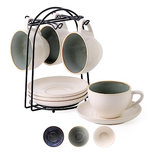 SIDUCAL 8oz Green Ceramic Cappuccino Cups with Saucers and Metal Holder - Stackable Set of 4, Ideal for Coffee, Latte, and Tea.