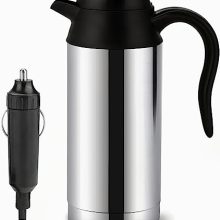 750ml stainless steel car kettle with DC 12V charger, featuring a high-quality sealed lid, automatic shut-off, and indicator light, perfect for travel use