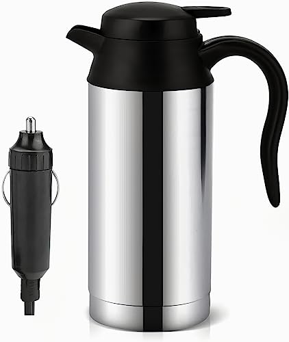 750ml stainless steel car kettle with DC 12V charger, featuring a high-quality sealed lid, automatic shut-off, and indicator light, perfect for travel use