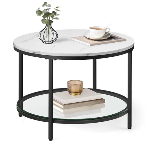 VASAGLE Round Coffee Table with Faux Marble Top and Tempered Glass Shelf - Stylish Modern Centerpiece for Small Living Rooms