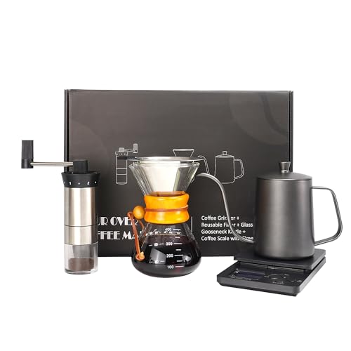 Pour Over Coffee Kit with Chemex Coffee Maker, Manual Grinder, Gooseneck Kettle, and Accessories - Complete Brewing Set in Gift Packaging