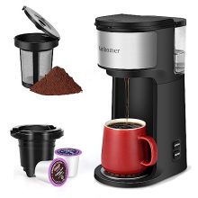 Ranbomer Single Serve Coffee Maker in black with compact design, featuring K-cup and ground coffee brewing options, self-cleaning function, and fits travel mugs. 