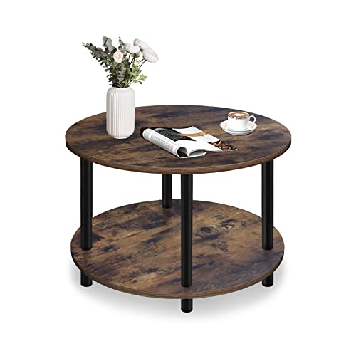 Vanrohe small round coffee table with rustic brown wooden top and black metal legs, featuring a two-tier design with open storage space, ideal for small living rooms, balconies, or offices.