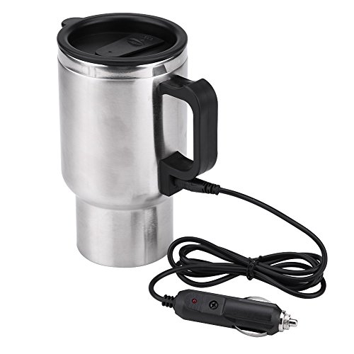 12V Stainless Steel Car Heated Mug with ergonomic plastic handle and spill-resistant lid for hot drinks while driving