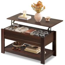 39-Inch Red-Brown Lift Top Coffee Table with Hidden Storage and Open Shelf, Ideal for Living Room and Home Office 