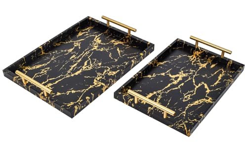 Set of 2 decorative wooden trays with black and gold marble finish, featuring polished metal handles. Ideal for coffee tables, ottomans, and decorative displays. Includes large and small sizes