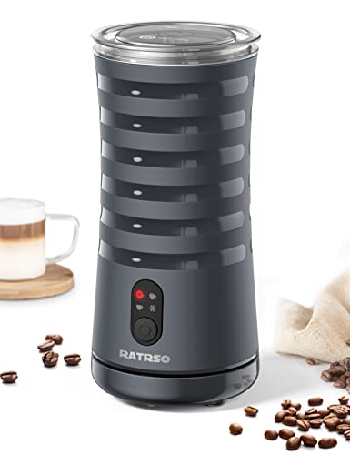 Elegant 4-in-1 Electric Milk Frother with Eiffel Tower-inspired design, showcasing its sleek shape, LED indicators, and one-button control for easy milk frothing and heating.