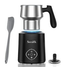 A sleek black and silver Secura 4-in-1 electric milk frother with a detachable stainless steel jug, sitting on a kitchen counter, ready to froth and warm milk for lattes, hot chocolate, and more