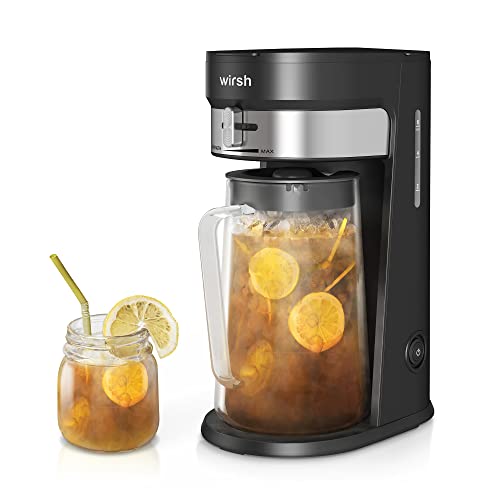 3-quart black iced tea and coffee maker with strength control and reusable filter, perfect for brewing iced coffee, tea, lattes, and lemonade. Features a large glass pitcher and eco-friendly design