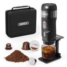 Compact 3-in-1 portable espresso maker compatible with Nes and DG pods and ground coffee, designed for travel, camping, and car use with foldable holder and carrying case.