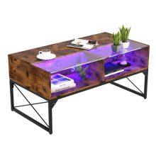 Modern 42-Inch DOUBUY LED Coffee Table with a combination of glass and wood, featuring customizable LED lighting with 7 colors and 22 modes