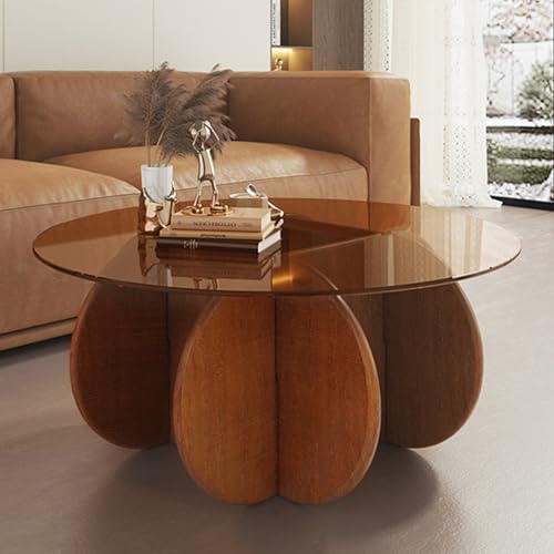 Modern 31.5'' round coffee table with solid wood legs and a tempered glass top, ideal for small spaces and contemporary decor.