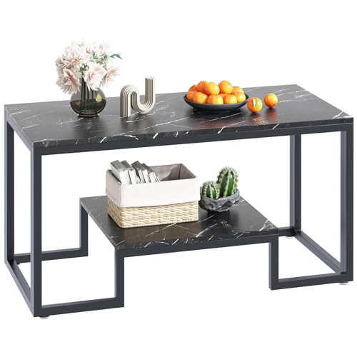 Modern Black Faux Marble Coffee Table with Metal Frame – Elegant Two-Tier Design for Living Room and Office