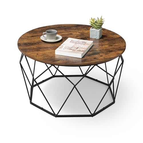 Industrial round coffee table with rustic brown particleboard top and black steel frame featuring a diamond-patterned design, with lift-up top for hidden storage and a stable structure