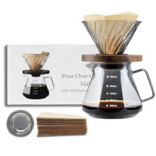 20 oz V60 Pour Over Coffee Maker with wooden base, glass lid, and 100 paper filters – perfect for home, café, and outdoor brewing.