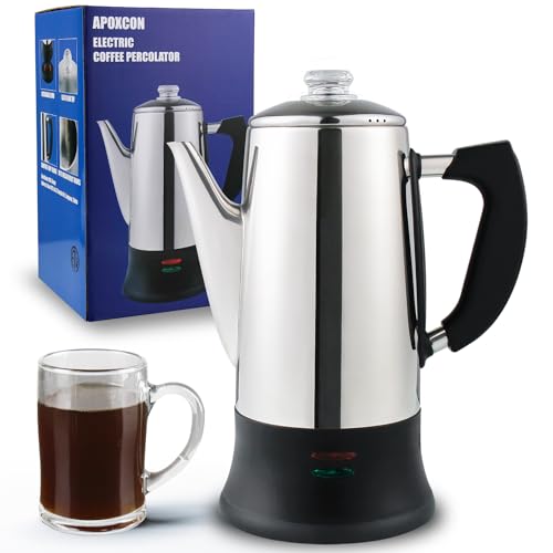 APOXCON Electric Coffee Percolator – 12 Cup Stainless Steel Coffee Maker with Heat-Resistant Glass Knob and Automatic Keep Warm Function