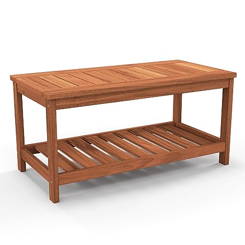 Natural Wood Outdoor Coffee Table with 2-Tier Storage Shelf – Rectangle Patio Furniture for Garden, Backyard, and Poolside