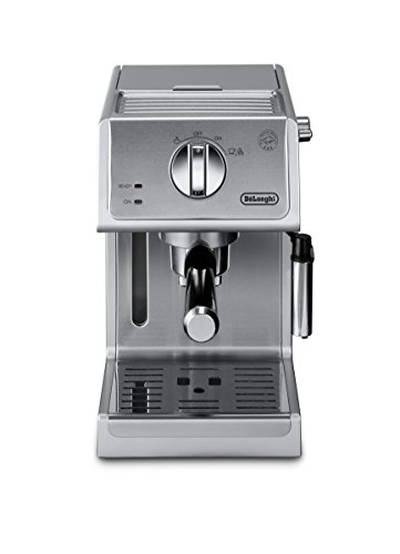 De'Longhi ECP3620 15-Bar Espresso and Cappuccino Machine in silver, featuring a compact design with a manual milk frother, three-in-one filter holder, and advanced cappuccino system.