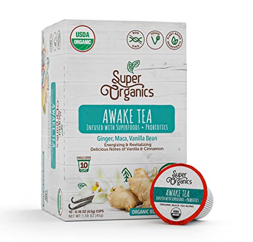 Super Organics Awake Black Tea Pods – 10 Keurig K-Cup Compatible Pods with Organic Black Tea, Superfoods, and Probiotics for Energy and Revitalization