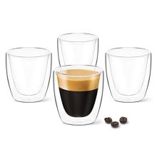 Set of four 3oz DLux double-walled espresso cups made from clear borosilicate glass, featuring an elegant floating effect and insulated design for maintaining beverage temperature